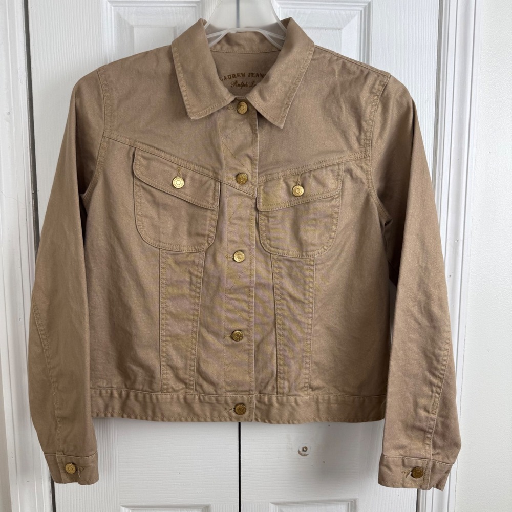 Lauren Ralph Lauren Denim Jacket L‎ Gold Metallic Shimmer Trucker Quiet Luxury
